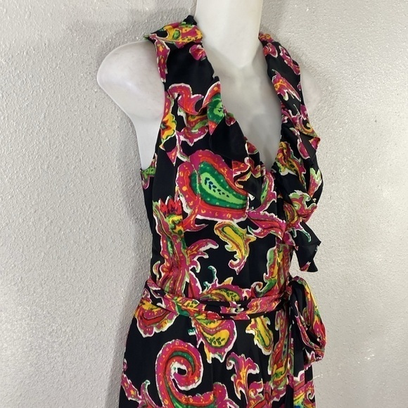 Ralph Lauren Black Pink Multi Paisley Silk Ruffle Wrap Dress 6 RR16 - Picture 4 of 13